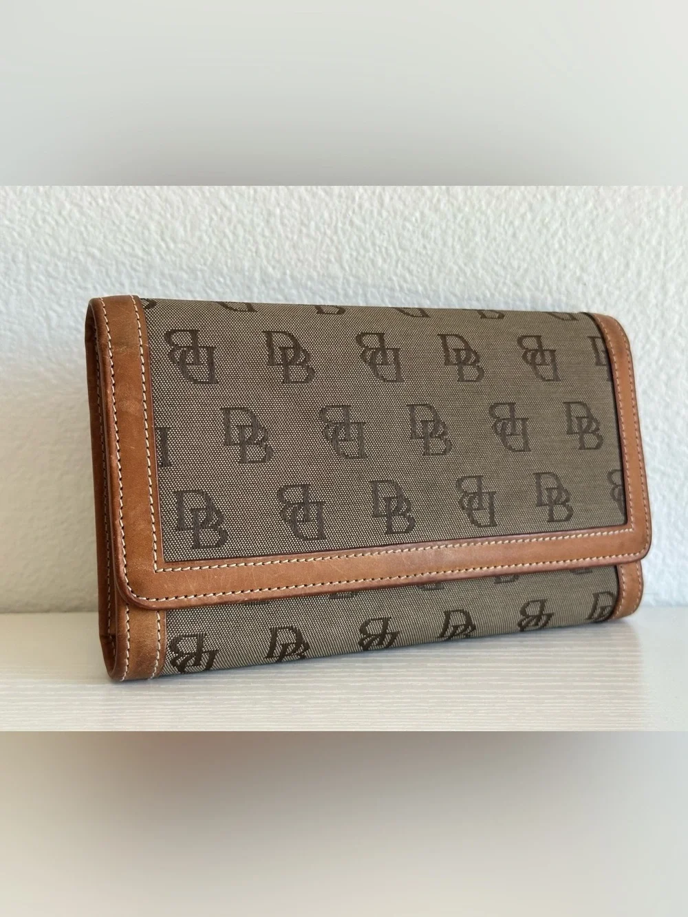 Dooney and Bourke Pattern Vintage Brown Canvas & Tan Leather Clutch Wallet